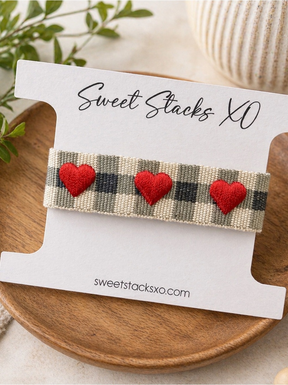 Triple Hearts & Black Gingham Embroidered Woven Tassel Bracelet